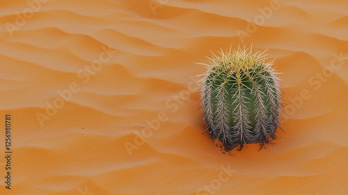 A solitary cactus stands resiliently in the vibrant orange sand dunes under a clear sky