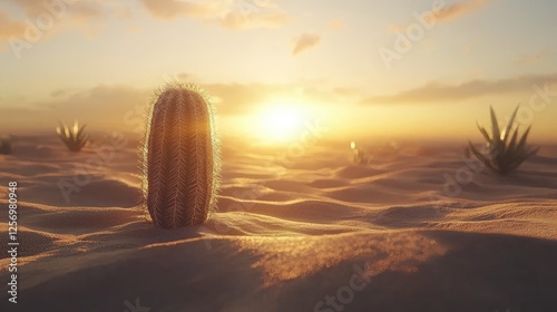 A solitary cactus stands in a vast desert during a stunning sunset, with distant plants visible