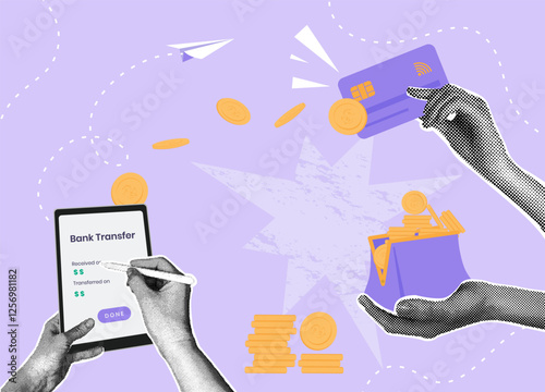 Trendy halftone collage. Mobile payment concept, transfer money to card,withdraw money from card,savings,payment, Online banking