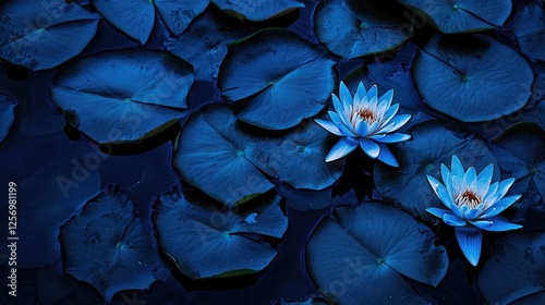 Serene blue water lilies bloom gracefully on dark water, surrounded by lush green lily pads