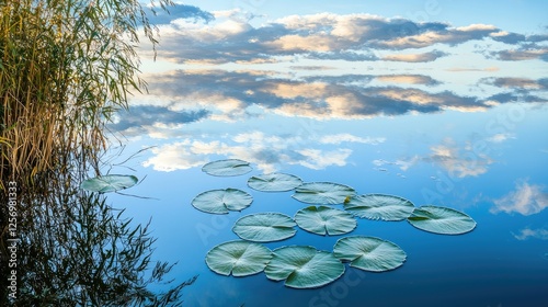 Tranquil lake scene with lily pads floating under a serene sky reflecting clouds and reeds