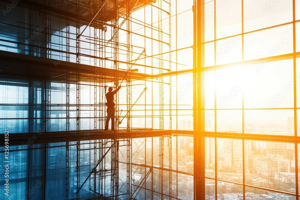 Obraz premium Worker on Scaffold Cleaning Glass Walls at Sunset in Urban Environment