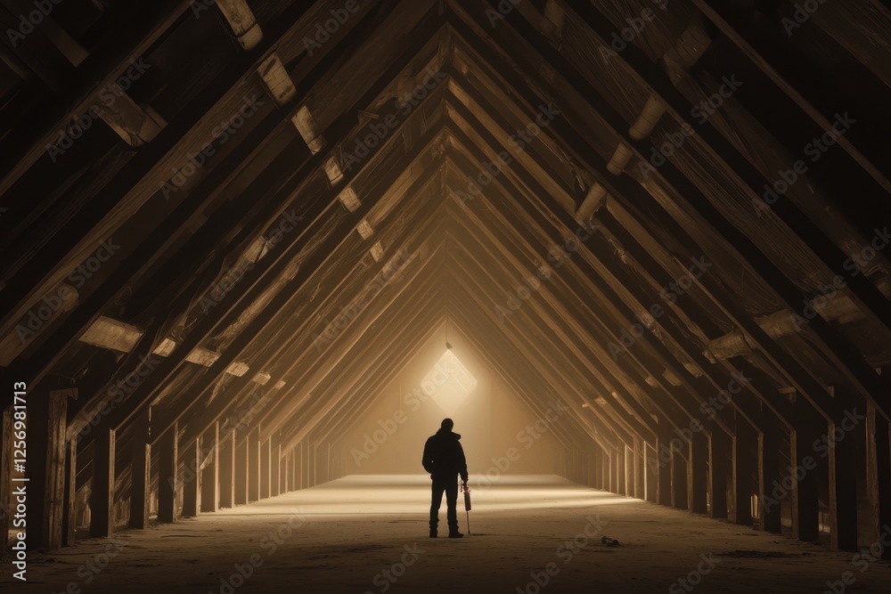 Mysterious Figure Stands Alone in a Dusty Attic with Dramatic Light Mysterious Figure Stands Alone in a Dusty Attic with Dramatic Light
