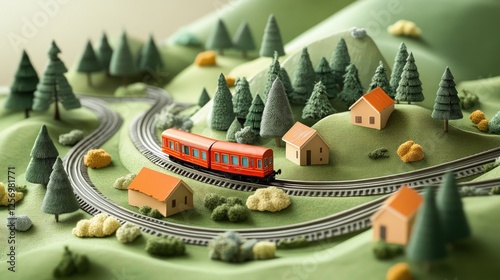 A vibrant miniature landscape featuring a red train traveling through green hills and quaint houses