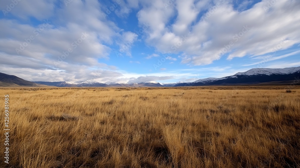 Vast Open Field Under a Dramatic Sky with Clouds and SnowCapped Mountains in the Background : Generative AI Vast Open Field Under a Dramatic Sky with Clouds and SnowCapped Mountains in the Background : Generative AI