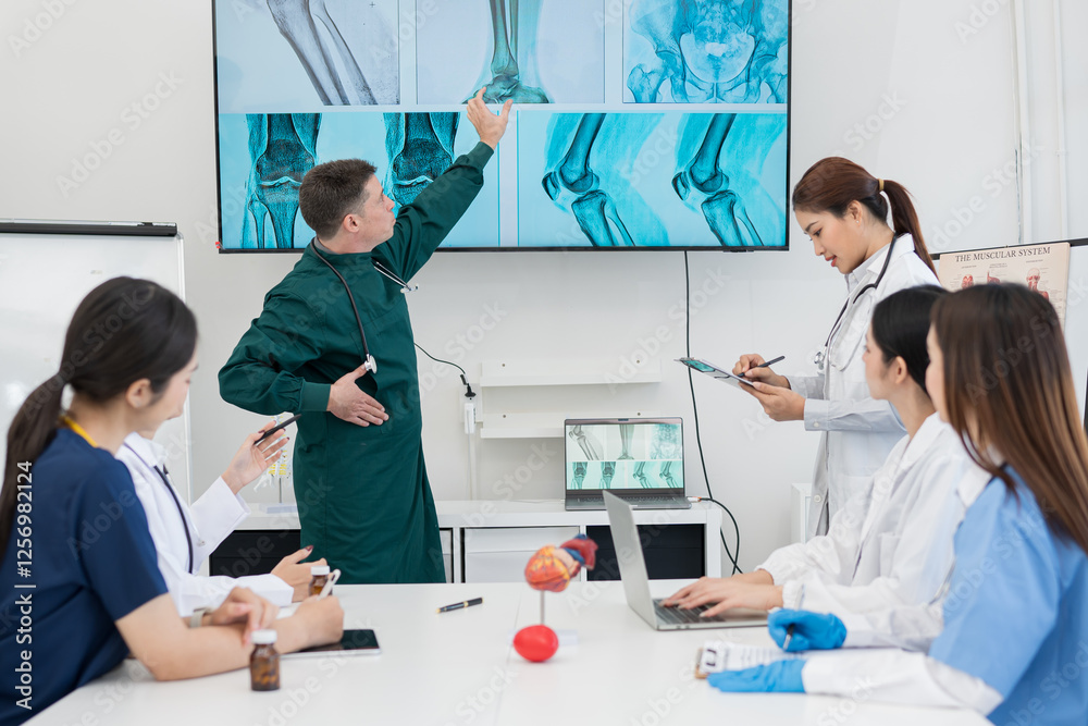 Obraz premium Male and female doctors are having a meeting in a hospital room.