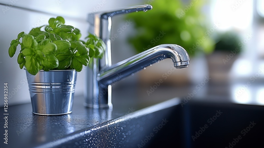 Kitchen faucet with basil plant, modern sink background