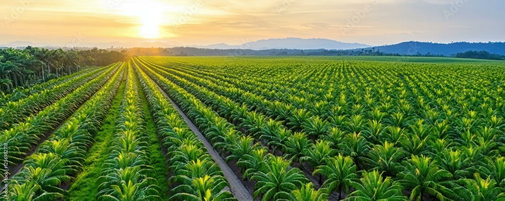 Lush banana plantation at sunset. Lush banana plantation at sunset.