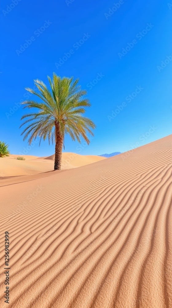 Palm Tree in Desert Landscape with Blue Sky Palm Tree in Desert Landscape with Blue Sky
