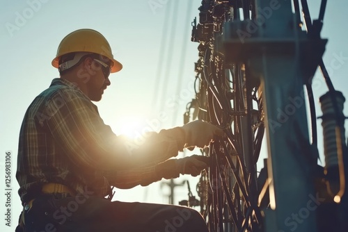 Worker in Safety Gear Adjusting Electrical Equipment at Dusk