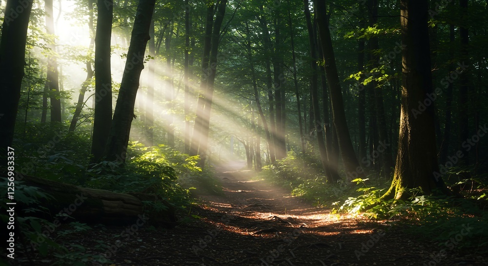 Fototapeta premium Sunbeams in Misty Forest Path - Magical Nature Scene