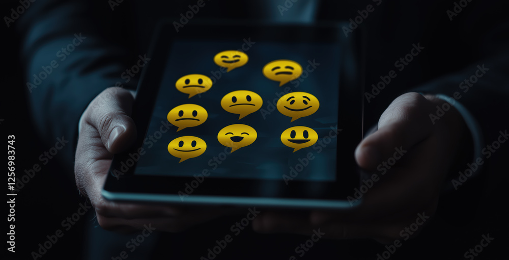 glowing smiley faces above a tablet, hands holding device in the dark