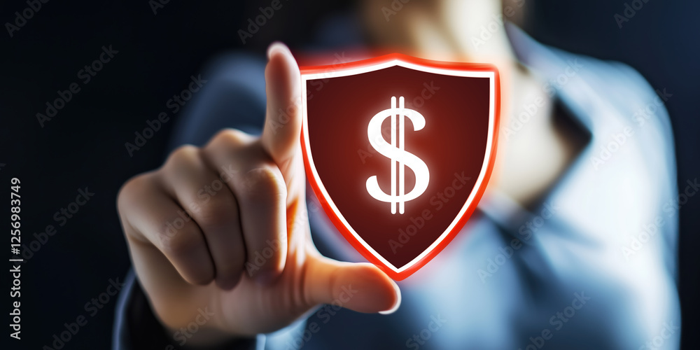 finger touching a glowing shield with a dollar sign, financial security concept
