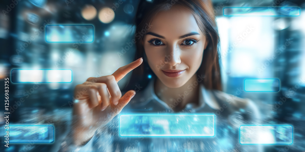 woman interacting with a futuristic digital interface, holographic touch screen