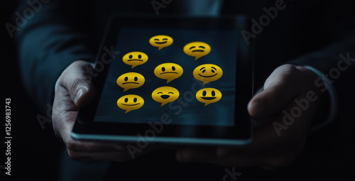 Obraz na płótnie glowing smiley faces above a tablet, hands holding device in the dark w salonie