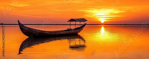 Sunset over tranquil water with a wooden boat. photo