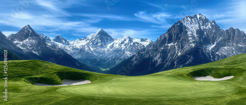 A breathtaking landscape featuring a lush green golf course framed by towering snow-capped mountains under a clear blue sky.