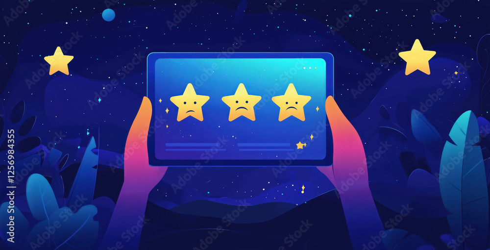 hands holding a tablet with sad star ratings, digital feedback concept