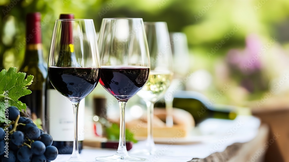 Elegant table setting with glasses of red and white wine alongside gourmet cheese and fresh grapes for a celebration : Generative AI Elegant table setting with glasses of red and white wine alongside gourmet cheese and fresh grapes for a celebration : Generative AI