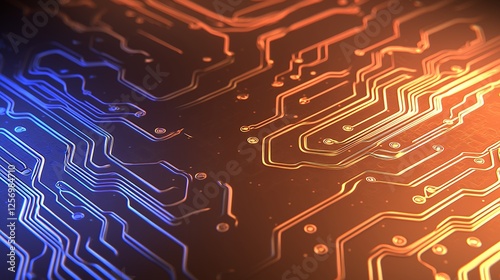 Abstract Circuit Board Pattern With Glowing Orange and Blue Lines
