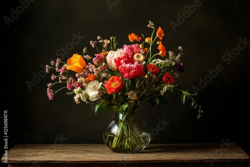 Bouquet of flowers in a glass vase, home decoration with generative ai