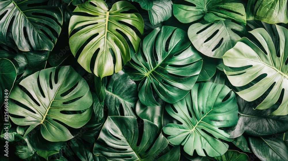 Lush green tropical leaves densely layered, creating a vibrant natural backdrop for design use Lush green tropical leaves densely layered, creating a vibrant natural backdrop for design use