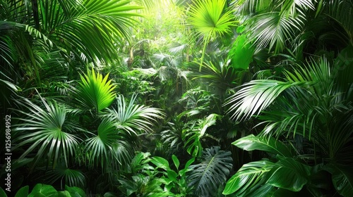 Lush tropical rainforest with dense foliage, sunlight filtering through leaves, vibrant ecosystem