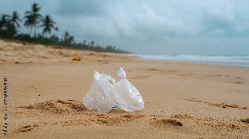cancer awareness and risk factors concept. Plastic waste on a sandy beach under a cloudy sky. cancer awareness and risk factors concept. Plastic waste on a sandy beach under a cloudy sky.