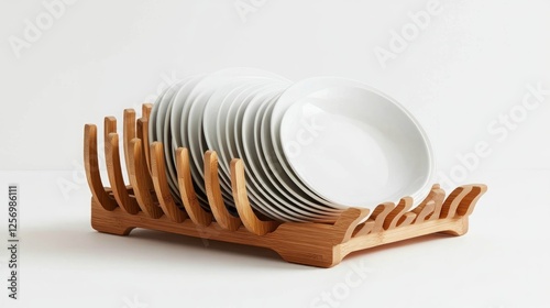 Wooden Plate Rack with White Dishes photo