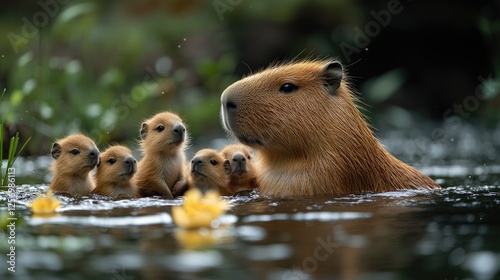 A capybara and its adorable young swimming in a serene pond surrounded by lush greenery
