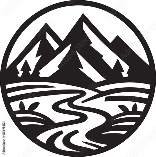mountain and river logo silhouette design vector art illustration isolated on transparent background