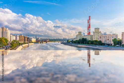 Photography View of Berezhkovskaya Embankment in Moscow with reflection on a mirror stone su