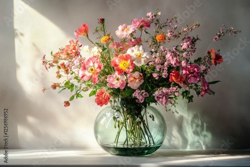 Bouquet of flowers in a glass vase, home decoration with generative ai