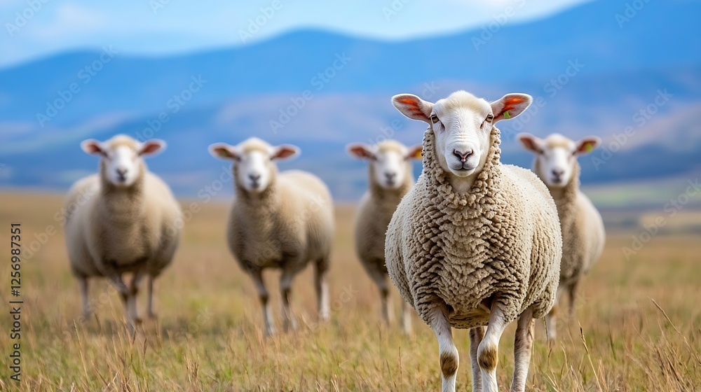 Curious sheep standing among flock in beautiful pastoral landscape with mountains : Generative AI Curious sheep standing among flock in beautiful pastoral landscape with mountains : Generative AI