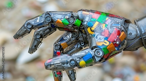 Cybernetic robotic hand with transparent casing revealing internal components and advanced mechanical joints. A futuristic blend of artificial intelligence and biomechanical engineering... photo