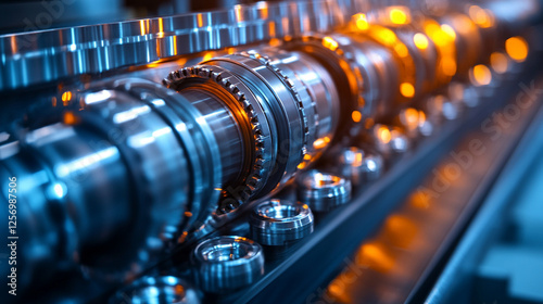 Metal products being bent on a bending machine, symbolizing precision and industrial transformation. A factory setting with a blurred modern background representing innovation and progress in manufact photo