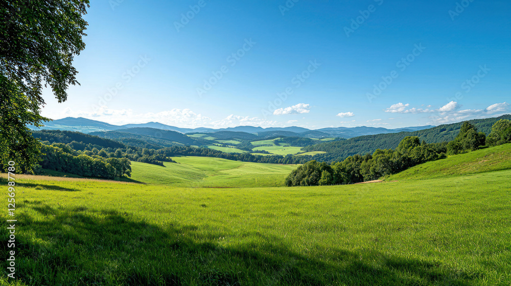 Obraz premium Panoramic Valley Landscape Under Sunny Sky