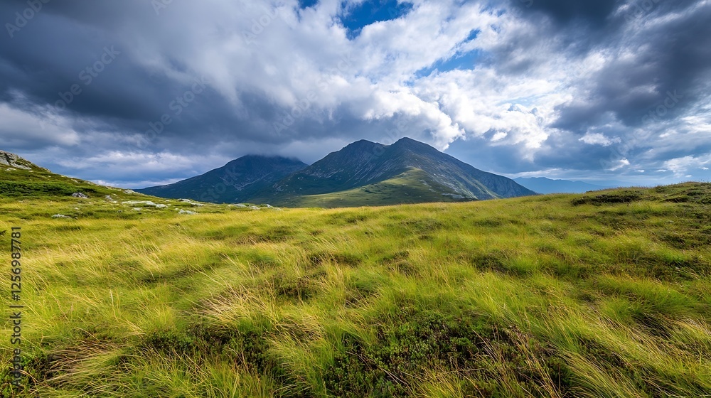 Fototapeta premium Breathtaking View of Lush Green Mountains and Dramatic Clouds Under a Beautiful Sky : Generative AI