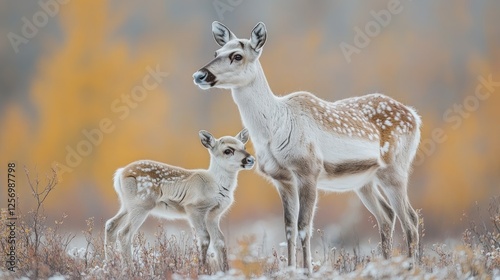 A serene scene of a mother deer and her fawn in a snowy landscape surrounded by autumn foliage