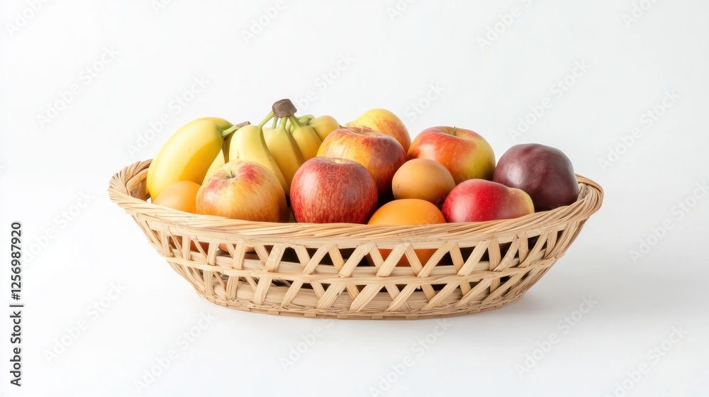 Assorted fruit in wicker basket on white background; healthy snack; visual appeal Assorted fruit in wicker basket on white background; healthy snack; visual appeal
