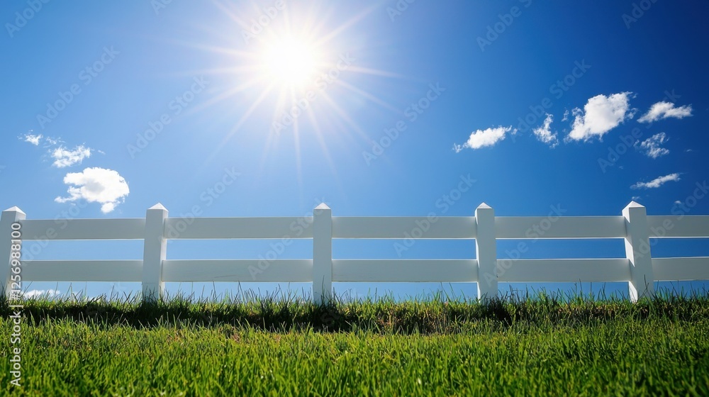 Fototapeta premium A fresh green field meets a classic white wooden fence, glowing under the warm sun with a crisp blue sky above