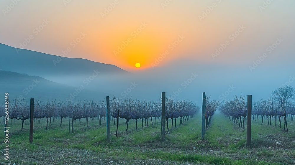 Obraz premium Vineyard sunrise, misty valley, winter, tranquil, scenic