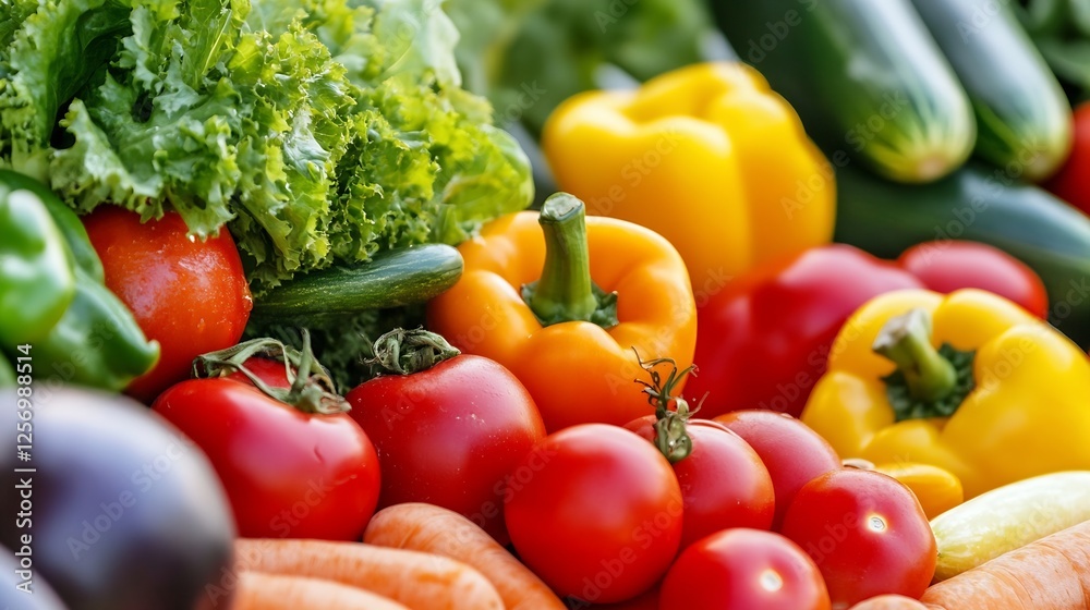 Freshly harvested colorful vegetables including tomatoes peppers and greens arranged beautifully on a market stall : Generative AI Freshly harvested colorful vegetables including tomatoes peppers and greens arranged beautifully on a market stall : Generative AI