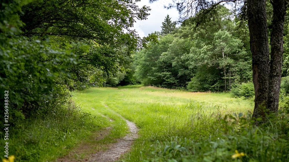 Fototapeta premium Serene pathway through lush green trees and grass leading to a tranquil nature scene on a cloudy day : Generative AI