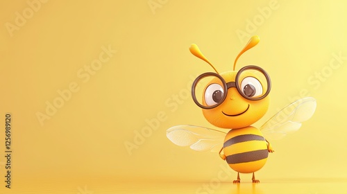 Cheerful cartoon bee character wearing glasses, standing against a bright yellow background