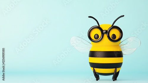 A cheerful cartoon bee character wearing glasses stands against a light blue background, ready for fun