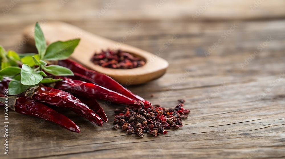 Fresh red hot chili peppers and spices with green basil leaves on wooden spoon on rustic table : Generative AI Fresh red hot chili peppers and spices with green basil leaves on wooden spoon on rustic table : Generative AI