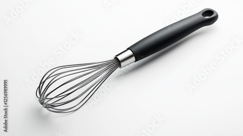 Kitchen whisk, black handle, studio shot. Useful for baking photo