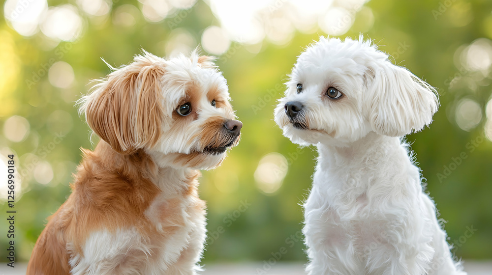 Two small dogs looking at each other outdoors Two small dogs looking at each other outdoors