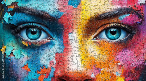 vibrant face jigsaw puzzle with colorful paint splashes creates striking visual effect. intricate design features vivid blues, reds, and yellows, highlighting expressive eyes